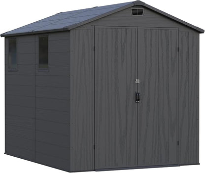 Greesum 6x8FT Plastic Outdoor Storage Shed with Floor, Resin Sheds with Lockable Double Door, Tool Sheds with Window and Vents, for Garden, Yard, Patio, Dark Gray