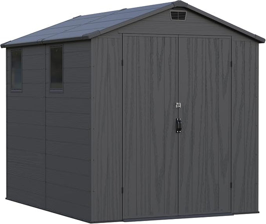 Greesum 6x8FT Plastic Outdoor Storage Shed with Floor, Resin Sheds with Lockable Double Door, Tool Sheds with Window and Vents, for Garden, Yard, Patio, Dark Gray