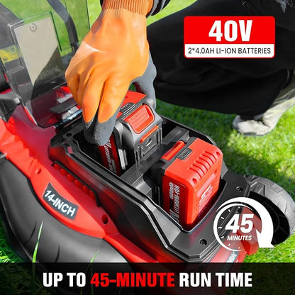 EWORK 40V 14" Electric Lawn Mower Cordless with 2*4.0Ah Batteries & Charger | 6-Height Adjustment, Electric Push Mower with 9-Gallon Grass Bag, Battery Powered Lawnmower for Yard, Lawn Care