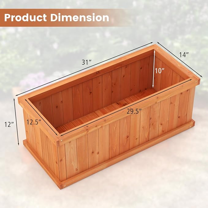 S AFSTAR Raised Garden Bed, 31” X 14” X 12” Fir Wood Rectangle Planter Box W/4 Drainage Holes & Detachable Base Plate, Raised Bed Planter Kit Box, Indoor & Outdoor Container for Patio Backyard