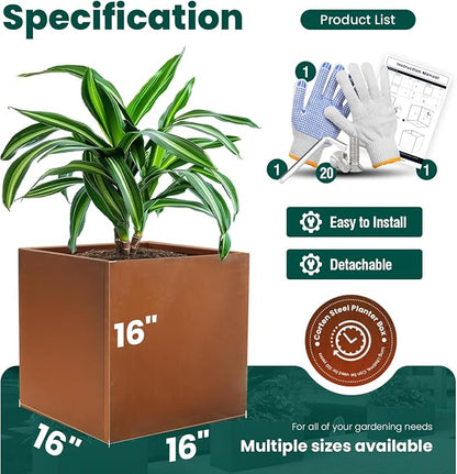 Corten Steel Planter Box Metal Planters Square Outdoor Steel Planter Cube Rustic Planter 16 Inch for Commercial Residential Garden Patio and Backyard