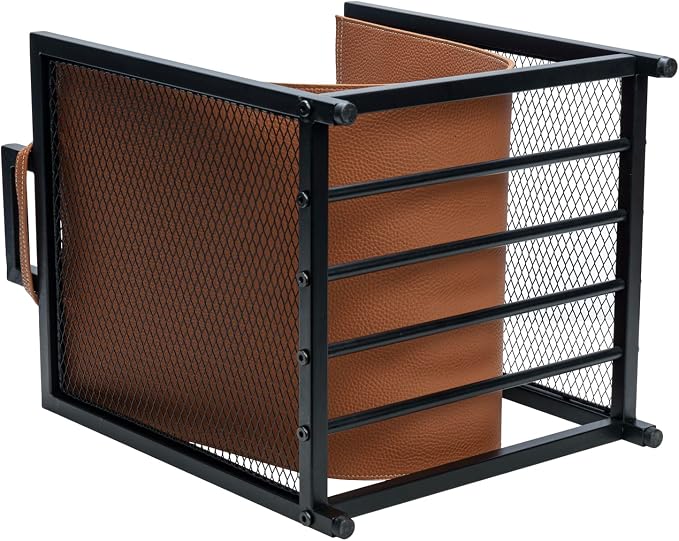 MyGift Modern Black Metal Firewood Stand Log Holder with Brown Leatherette Wood Sling, Wire Mesh Design and Top Carrying Handles, Compact Kindling Storage Rack