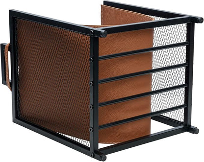 MyGift Modern Black Metal Firewood Stand Log Holder with Brown Leatherette Wood Sling, Wire Mesh Design and Top Carrying Handles, Compact Kindling Storage Rack