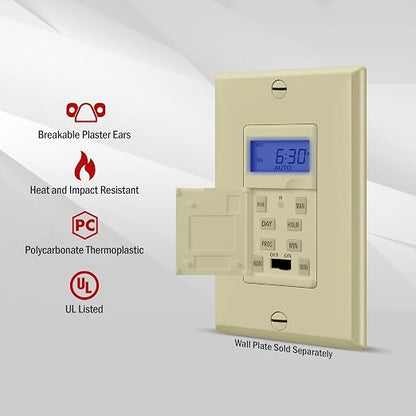 Enerlites 7 Days Digital in-Wall Programmable Timer Switch for Lights, Fans, and Motors, Single Pole, Neutral Wire Required, 7-Day 18 ON/Off Timer Settings, with Blue Backlight, HET01, Ivory