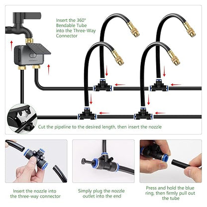 120FT Drip Irrigation System with WiFi Solar Water Timer, Automatic Garden Watering Kit with Dual Metal Tube Brass Connectors, 360° Adjustable Nozzles for Garden, Greenhouse & Lawn