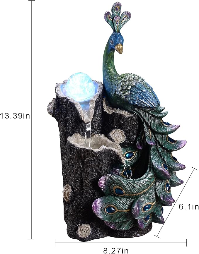 Kalona Tabletop Peacock Waterfall Fountain, 13.39" Indoor Water Feature with Rotating Glass Globe & LED Light-Up Base, Desktop Zen Fountain for Home Office Relaxation Decor (23048)