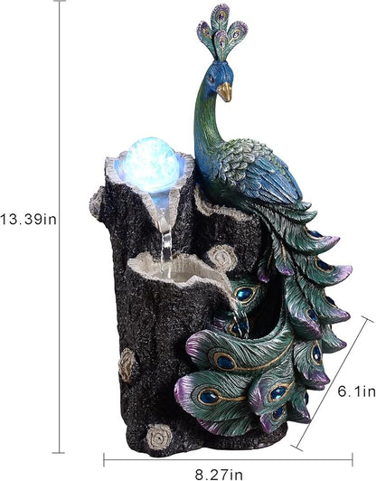 Kalona Tabletop Peacock Waterfall Fountain, 13.39" Indoor Water Feature with Rotating Glass Globe & LED Light-Up Base, Desktop Zen Fountain for Home Office Relaxation Decor (23048)