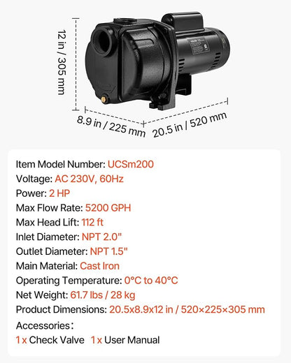 VEVOR 2 HP Shallow Well Jet Pump, 230 Volt, 5200 GPH Cast Iron Well Jet Pump, with 112 ft Max Head Lift, Check Valve, Thermal Protection, Automatic On/Off, for Garden Irrigation Lawn Sprinkler System