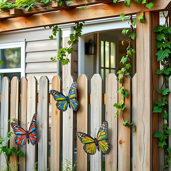 EOORAU Metal Butterfly Wall Decor - 3 Pack Lifelike Butterflies Wall Art Sculpture Hanging Decorations for Indoor or Outdoor, Yard Patio Fence Garden Decoration