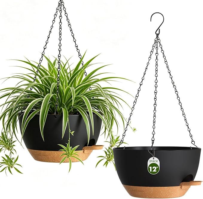 12 Inch Large Self Watering Hanging Planters 2 Pack with Saucers | Set of 2 12-inch self-watering hanging planters with extra soil capacity, side-fill ports, chain hangers & snap-on saucers