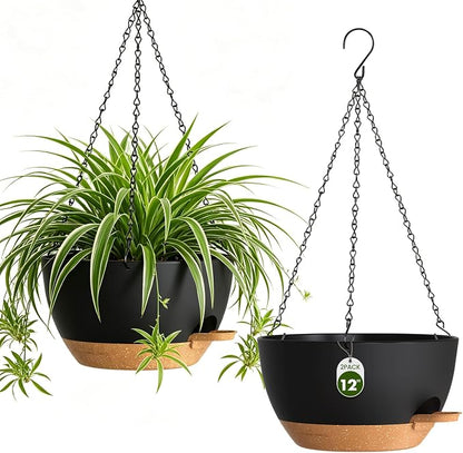 12 Inch Large Self Watering Hanging Planters 2 Pack with Saucers | Set of 2 12-inch self-watering hanging planters with extra soil capacity, side-fill ports, chain hangers & snap-on saucers