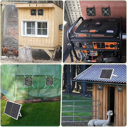 Solar Powered Fan with Battery, Rechargeable Solar Fan for Chicken Coop, Greenhouse, Shed, Outside with Two IPX7 Waterproof Exhaust Intake Fans 16.5Ft On/Off Switch Cable