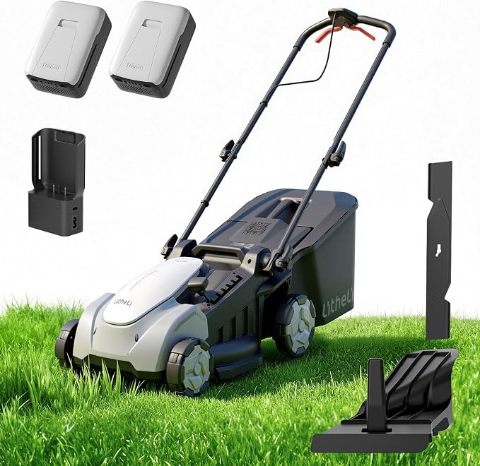 Litheli 16″ Cordless Mower, 40V Brushless Push Mower, 6 Heights (25-75mm), 50L Bag & Mulching, Quiet & Lightweight, 2×5.0Ah Batteries & Charger Included