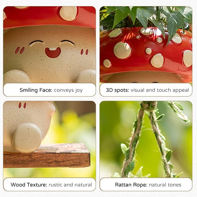 Cute Mushroom Decor for Outdoor Garden: Gardening Plant Gifts for Women Mother Plant Lovers - 3.9inch Opening Cute Smiley Hanging Planter Pot with Drainage for Pearls Succulents