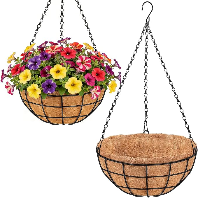 14 Inch Hanging Baskets for Plants Outdoor, 2 Pack Metal Round Wire Hanging Planters with Natural Thick Coco Liners, Garden Patio Decor for Flowers, Herbs, Succulents