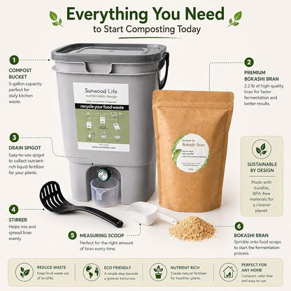 Bokashi Composting Kit, 5-Gallon Indoor Kitchen Composter - Gray, with 2.2 lb Premium Bokashi Bran, Odor-Reducing Food Waste Recycling System, US Patented