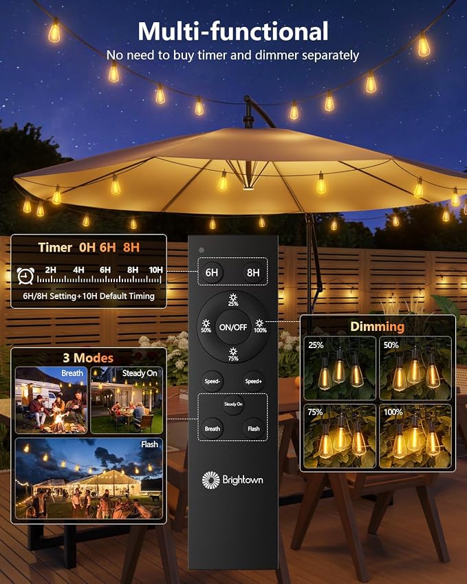 Brightown 37FT Solar String Lights Outdoor Waterproof with Remote & Timer, 10+1 LED Shatterproof Bulbs, USB/Solar Powered Dimmable Patio Lights for Garden Backyard Wedding Decor