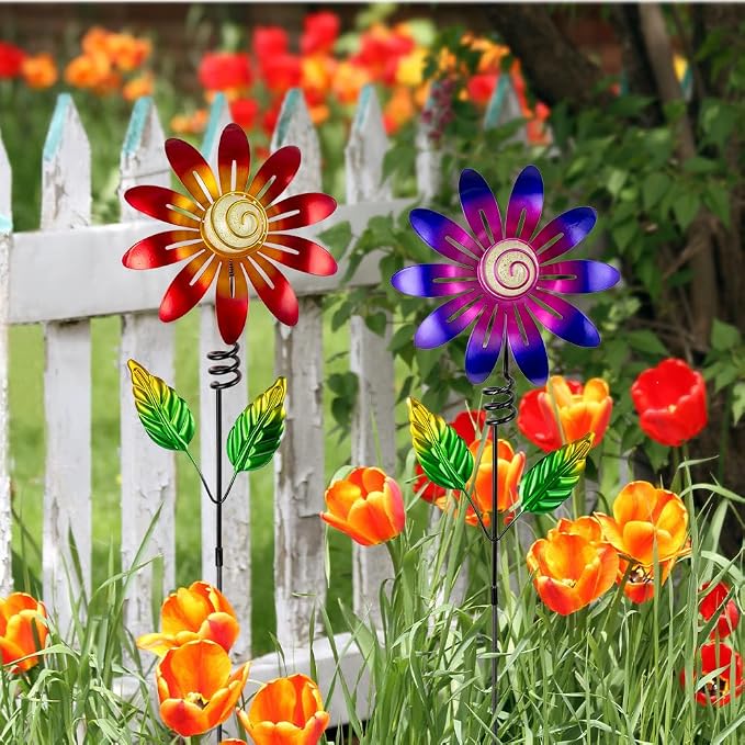 Metal Flowers Decorative Garden Stakes, 2 Pack 25'' Flower Garden Decor for Outside Spring Yard Decor, Flower Metal Yard Art for Porch Fence Landscape Patio Decor (Red & Purple)