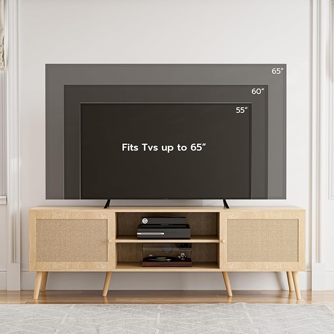 ZttRiee TV Stand with Rattan Doors for TVs up to 65", Mid-Century, Natural | 54.7"W x 15.7"D x 18.9"H, 150 lbs capacity, 2 rattan-door cabinets & 1 shelf (4 compartments), 2 cord holes, 6 wood feet