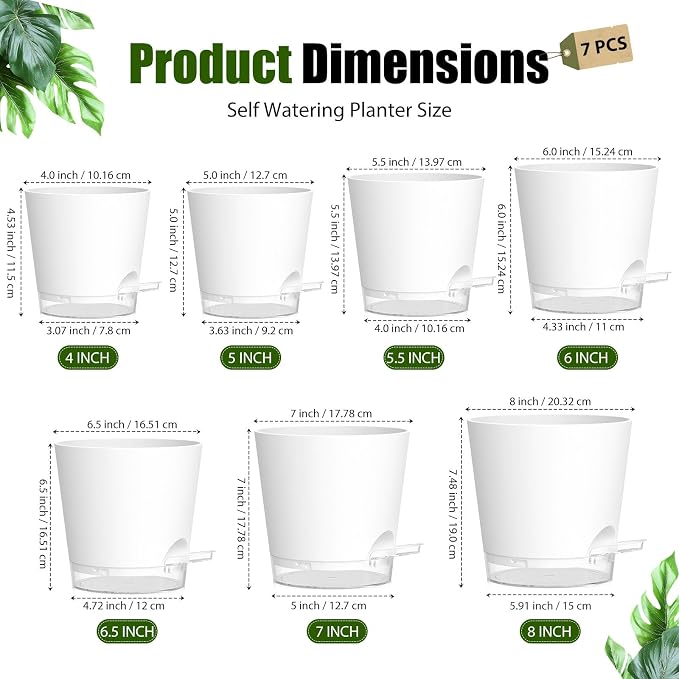 Plant Pots 4/5/5.5/6/6.5/7/8 Inch Self Watering Pots, 7 Pack Plastic Planters with Drainage Holes and Clear Saucers,Plastic Flower Pots,Nursery Planting Pot for Indoor Out Door Plants(White)