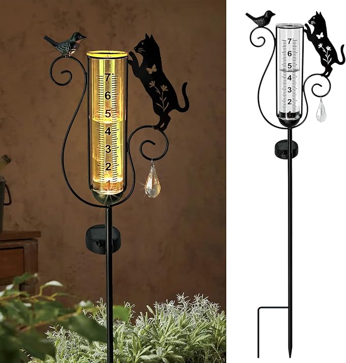 Solar Black Cat & Bird Metal Stake with Glass Rain Gauge, Outdoor Yard Lawn Pathway Garden Decor