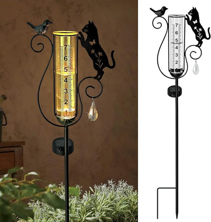 Solar Black Cat & Bird Metal Stake with Glass Rain Gauge, Outdoor Yard Lawn Pathway Garden Decor