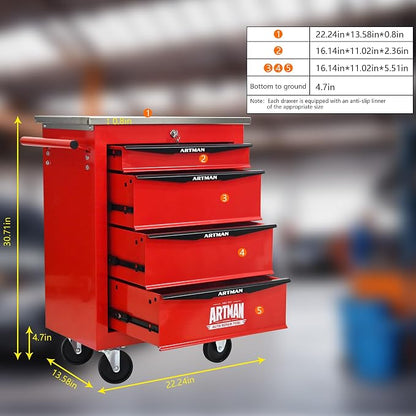 KEIKI 4 Drawers Tool Cart on Wheels,Multifunctional Rolling Tool Chest Tool Storage,Drawers Rolling Tool Trolley Organizer Tool Case for Garage, Warehouse, Workshop, Repair Shop (Red)