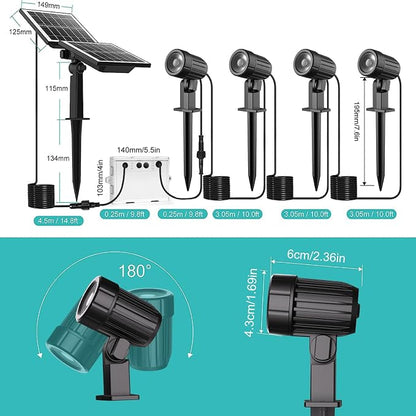 CLY 4 in 1 Solar Landscape Spotlights Outdoor 2700-6500K Dusk to Dawn | IP66 Waterproof, Remote Control 2Modes 3Brightness Adjustable 2700-6500K Auto On/Off 14M Cable for Garden Pathway Trees Flag