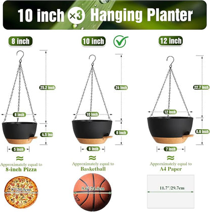 10 Inch Self-Watering Hanging Planters Set of 3 with Saucers | Set of 3 10-inch self-watering hanging planters with extra growing space, side-fill ports, chain hangers & snap-on saucers