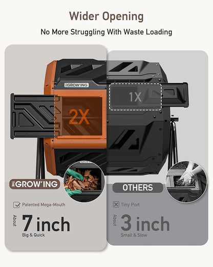 THE Growing 43 Gal Outdoor Compost Bin Tumbler with Thermometer, Orange | Dual 21.5gal chambers for backyard recycling. Pre-embedded nuts for quick assembly. Resin panels deter pests and odors.