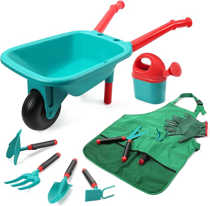 CUTE STONE Kids Gardening Tool Set, Garden Toys with Wheelbarrow, Watering Can, Gardening Gloves, Hand Rake, Shovel, Trowel, Double Hoe, Apron with Pockets, Outdoor Indoor Toys Gift for Boys Girls