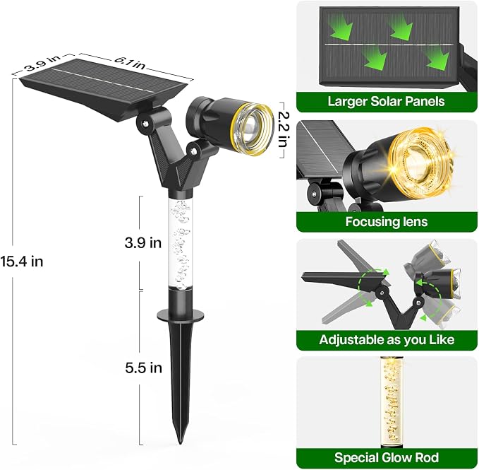 Solar Lights Outdoor Waterproof Spot Lights, 4 Pack Solar Powered Garden Spotlights for Outside Yard Pathway House Landscape Lighting, Auto On/Off, 3000K Warm White