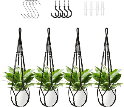 LEWESU Macrame Plant Hanger Indoor Set of 4 with 8 Hooks, Indoor Outdoor Hanging Planter for Plants Holder with Decorative Wood Beads & No Tassels, Boho Home Decor, 35 Inch Black (Pots Not Included)