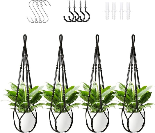 LEWESU Macrame Plant Hanger Indoor Set of 4 with 8 Hooks, Indoor Outdoor Hanging Planter for Plants Holder with Decorative Wood Beads & No Tassels, Boho Home Decor, 35 Inch Black (Pots Not Included)