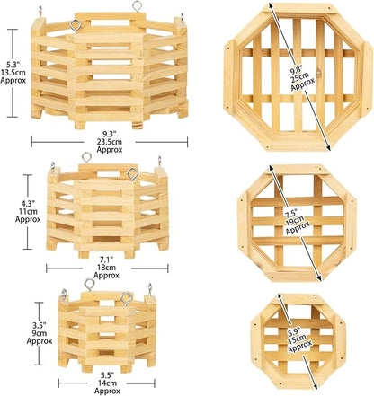 Wooden Orchid Baskets with Hangers for Ferns & Vandas, 6", 8" & 10" Octagon Wood Hanging Planter Set for Patio, Balcony Decor, Garden Flower Pots for Indoor Outdoor Plants, 3 Pack