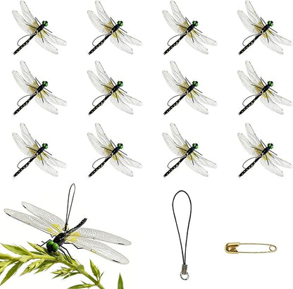 3D Artificial Dragonflies, 12Pcs Vivid Fake Dragonfly Decor Lifelike Dragonfly Clips with Removable Hanging Rope & Safety Pin PVC Dragonfly Ornament Indoor Outdoor Decor for Garden Patio Yard Home