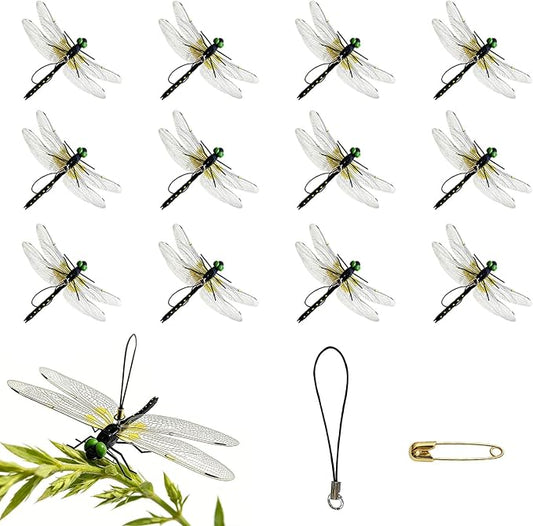 3D Artificial Dragonflies, 12Pcs Vivid Fake Dragonfly Decor Lifelike Dragonfly Clips with Removable Hanging Rope & Safety Pin PVC Dragonfly Ornament Indoor Outdoor Decor for Garden Patio Yard Home