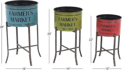 Deco 79 Metal Indoor Outdoor Planter Farmers Market Large Planter Pot, Set of 3 Planters 22", 25", 28"H, Multi Colored