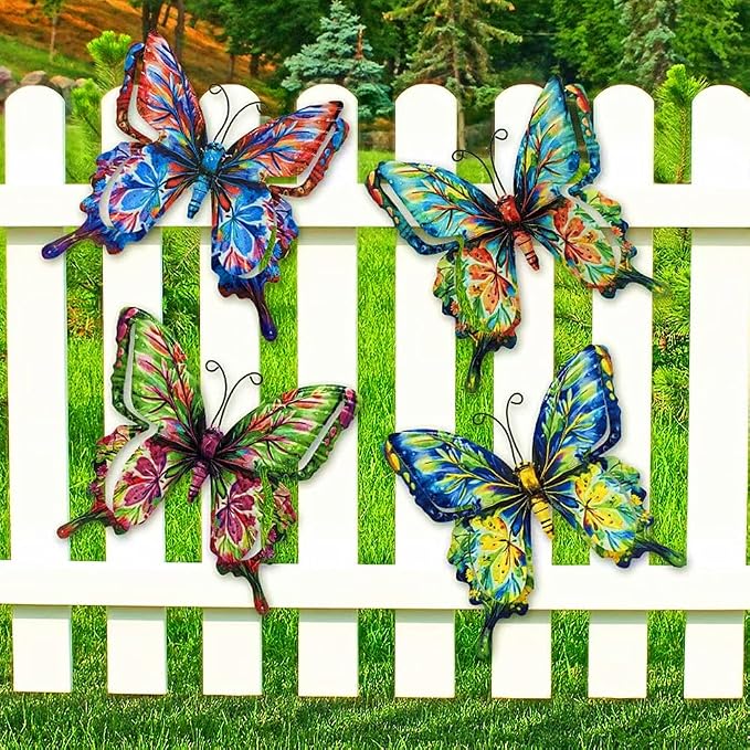 4Pcs Butterfly Metal Wall Decor,6.7"x6.5" Outdoor Hanging Wall Art Sculptures Decoration for Living Room Fence Garden Yard Patio Balcony Office