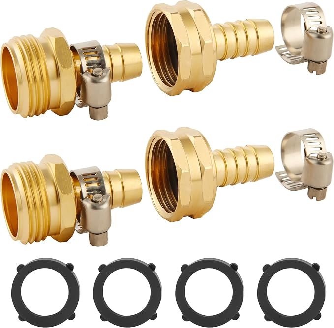 BILAL 2 Set Brass Garden Hose Repair Connector Kit with Clamps, Fit for 1/2"" Garden Hose Fitting,1/2'' Barb x 3/4'' GHT Garden Hose Adapter/Fittings, Water Hose Repair Kit