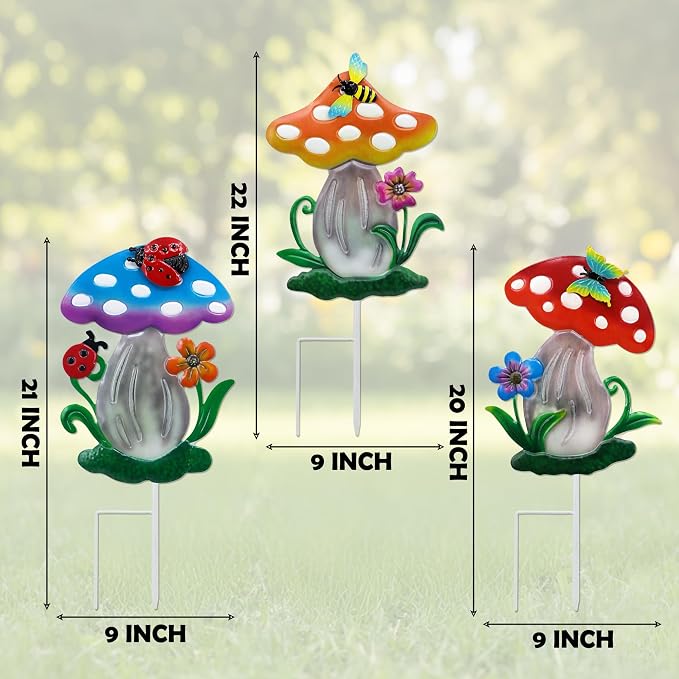 Decorative Garden Stakes, 3 Pack Mushroom Lawn Ornaments Metal Garden Stakes, Colorful Yard Art for Garden, Lawn, Porch.