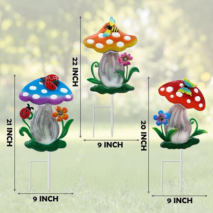 Decorative Garden Stakes, 3 Pack Mushroom Lawn Ornaments Metal Garden Stakes, Colorful Yard Art for Garden, Lawn, Porch.
