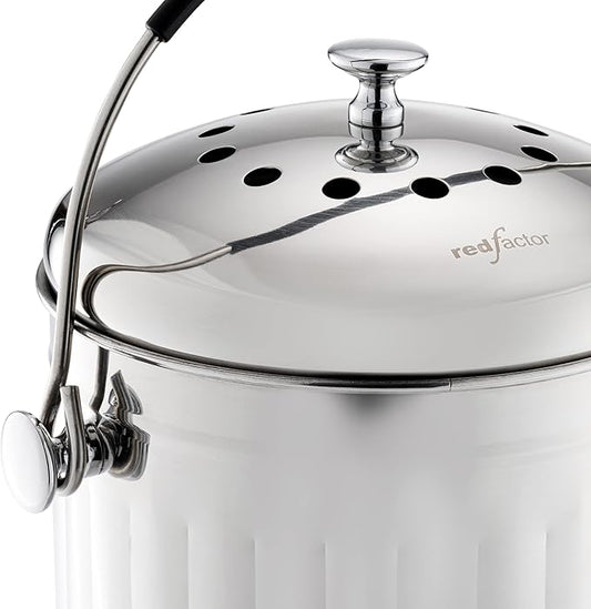 RED FACTOR Premium Compost Bin for Kitchen Countertop - Stainless Steel Food Waste Bucket with Innovative Dual Filter Technology - Includes Spare Filters (Brilliant Steel, 1.3 Gallon)
