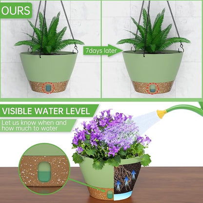 ZMTECH 2 Pack 10 Inch Hanging Baskets for Plants Outdoor Indoor, Modern Green Planters with Water Level Window & Metal Chain for Balcony Patio Garden Home Decor