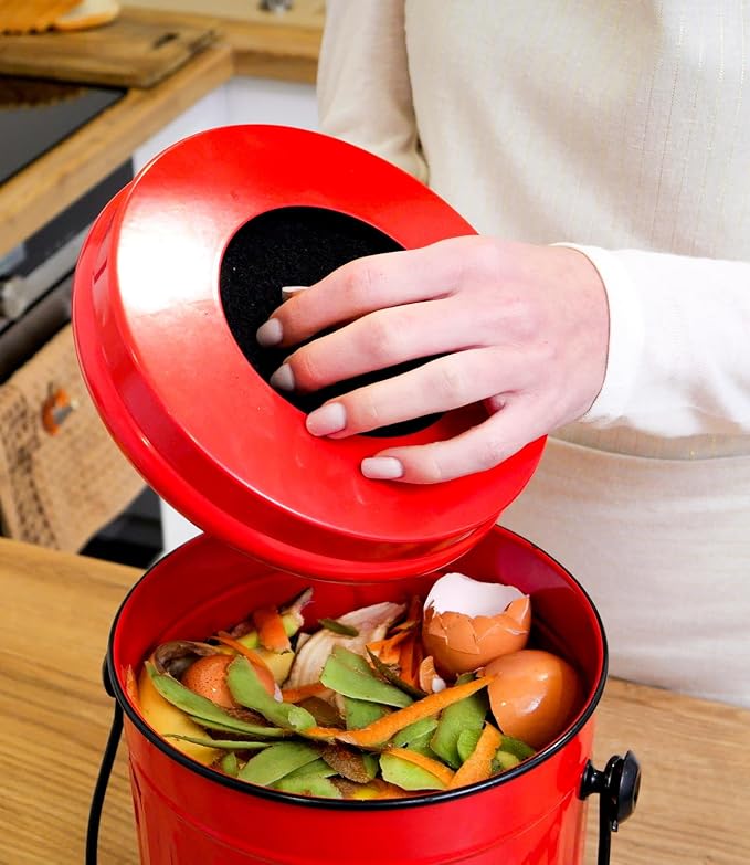 Plexon Countertop Compost Bin Kitchen with Lid, Red 1.5 Gallon Odorless Compost Container, Steel Food Compost Bucket for Kitchen with Charcoal Filter, Pail for Countertop