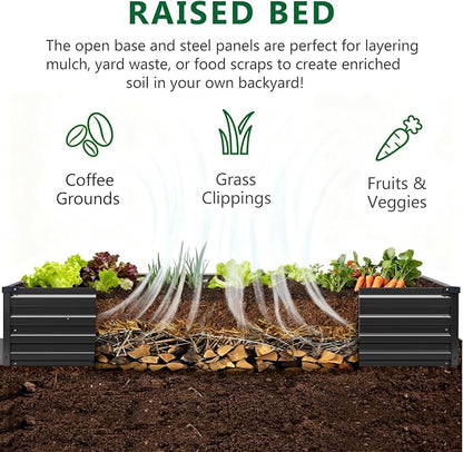 Meberam 2 Pack 6x3x1FT Galvanized Raised Garden Bed Kit, Outdoor Metal Planter Box for Vegetables, Bottomless Rectangular Gardening Bed with Support Rods, Tool-Free Assembly, Black