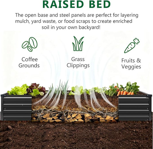 Meberam 2 Pack 6x3x1FT Galvanized Raised Garden Bed Kit, Outdoor Metal Planter Box for Vegetables, Bottomless Rectangular Gardening Bed with Support Rods, Tool-Free Assembly, Black