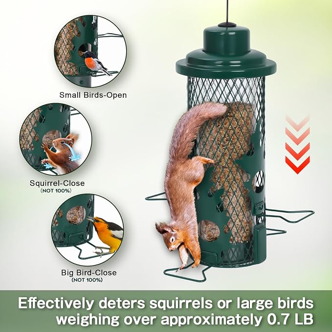 Gbekery Squirrel Proof Bird Feeder for Outdoors Hanging, Metal Mesh Bird Feeder for Outsides with Gravity Protection for Small Birds, Weatherproof and Durable, Green