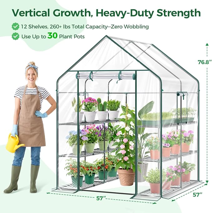 Ohuhu Plastic Greenhouse for Outdoors: Portable Walk in Plant Green House with Improved Transparent PVC Cover, 3 Tiers 12 Shelves Stands Small Greenhouses Backyard Green Houses for Outside Heavy Duty