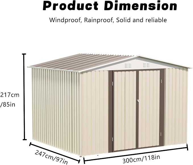 YOPTO 10x8 FT Outdoor Storage Shed with Foundation,Metal Aluminum Tool Sheds,Heavy-Duty Sheds with Sloped Roof, Air Vent and Hinge Doors,Garden Shed Bike Shed for Backyard Patio Lawn,Cream White